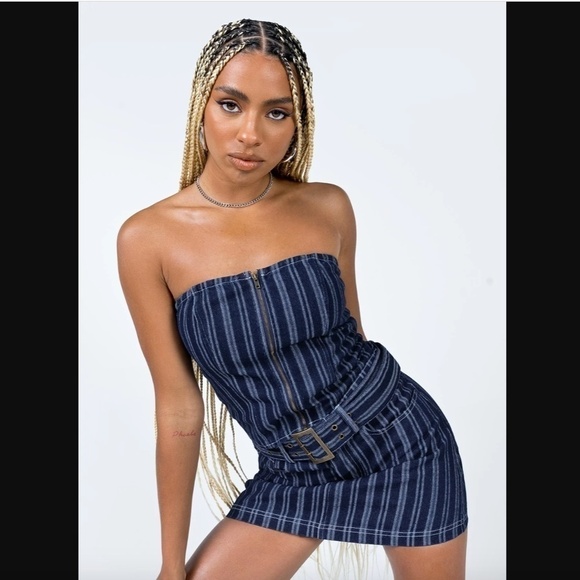 Princess Polly Fernley Blue White Denim Striped Strapless Bustier Top 2 - Picture 3 of 12